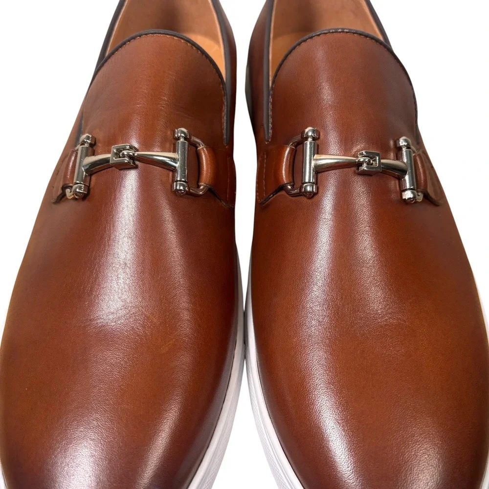 Marc Nolan Mens Cognac Brown Leather Bit Loafer Sneakers Silver Hardware SZ 16